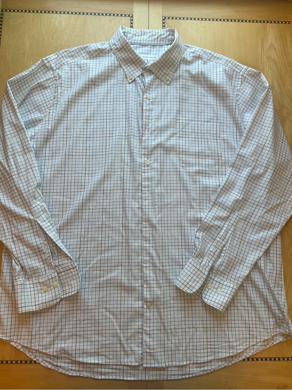 Peter Millar White Button-Down Shirt with Blue and Tan Windowpane
